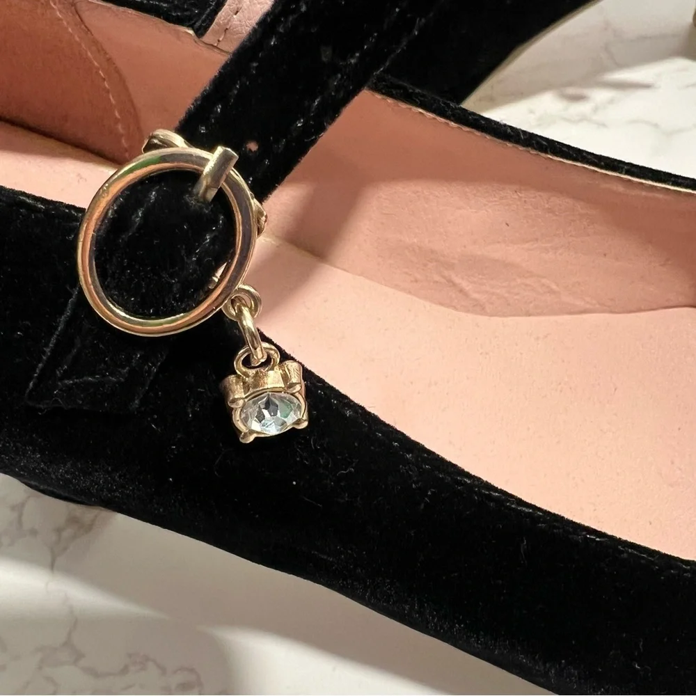 Elegant Black Suede, Rhinestone Embellished Mary Jane Heels -- EU 39 -- US 7.5/8